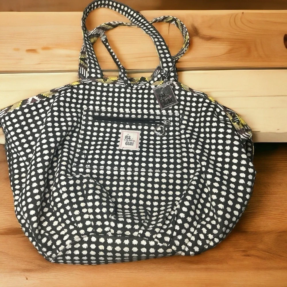 Gia & Dani Canvas Reversible Bucket Tote Bag Large Tribal Print Polka Dots